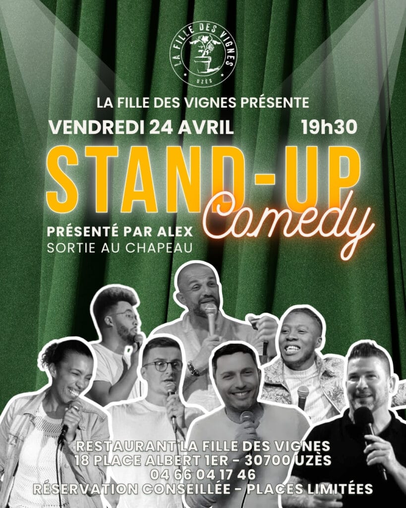 affiche soirée stand-up comedy à la fille des vignes à uzès